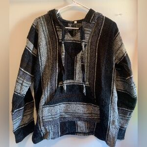 Black and Gray V-Neck Sweater with Striped Pattern